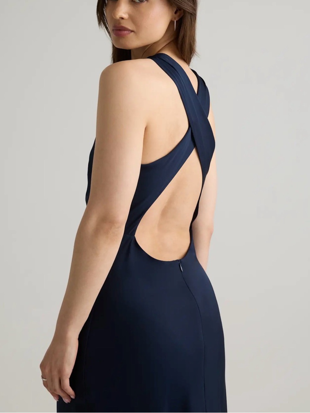 NWT Quince Washable Stretch Silk High Neck Midi Dress Navy M